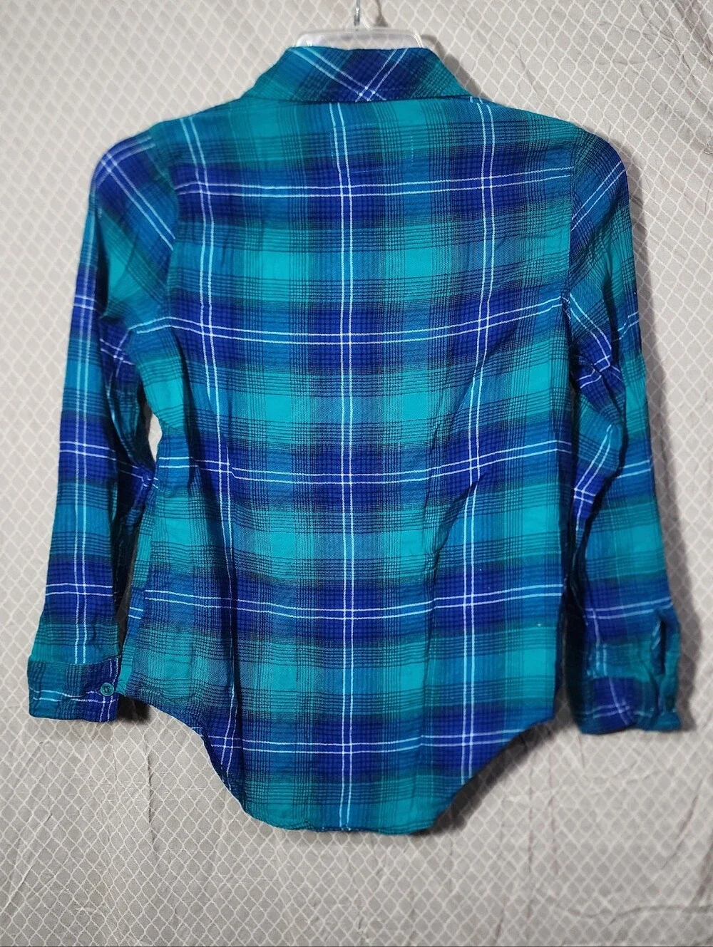 Justice Plaid Button Down Long Sleeve Shirt Blue Turquoise Girls Large Used